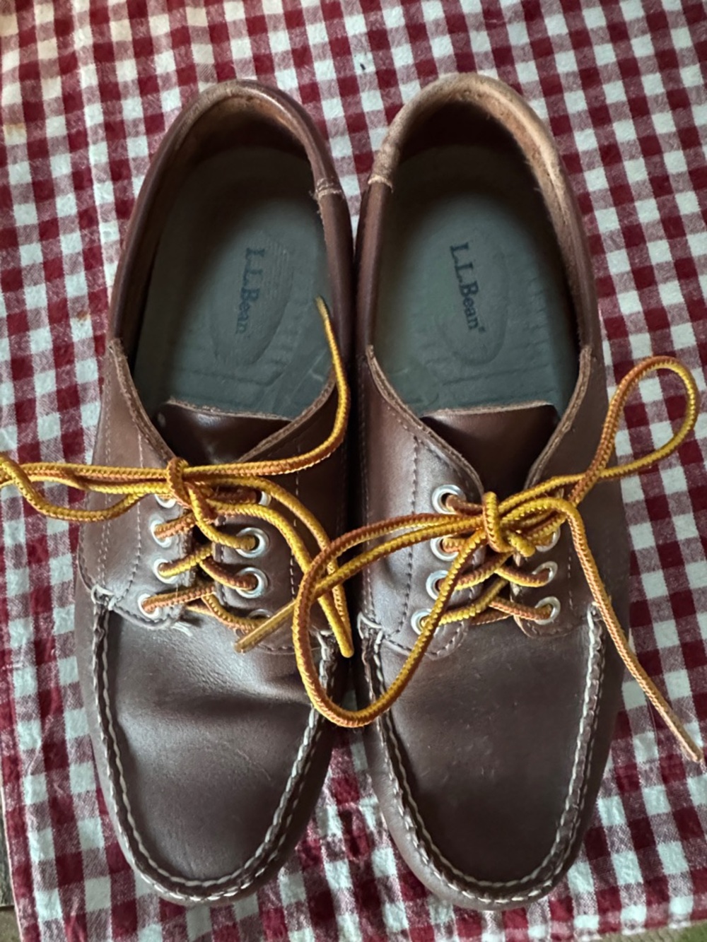 L.L. Bean Brown Leather Boat Shoes with Yellow Laces